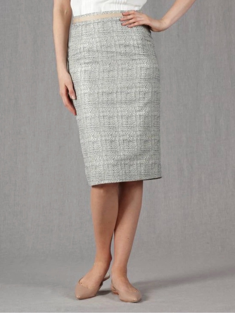 Boden Modern Metallic Tweed Pencil Skirt Knee Length Silver Office Workwear